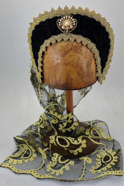 French Hood -  Black Embossed Velvet / Gold Trim / Embroidered Veil / Pearl Jewel