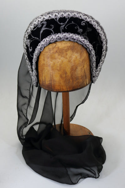 French Hood - Black Silver Florentine Velvet / Silver Trim / Black Veil