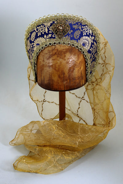 French Hood -  Blue Gold Metallic Brocade / Gold trim / Embroidered Gold Veil / Amber jewel