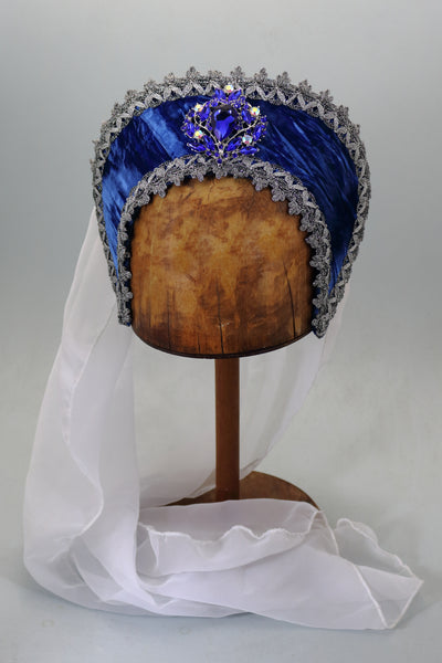 French Hood - Blue Velvet / Silver Trim / Fancy Jewel / White Chiffon Veil
