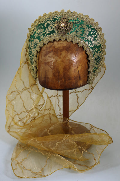 French Hood - Green Gold Brocade / Gold Pearl Trim / Gold Veil