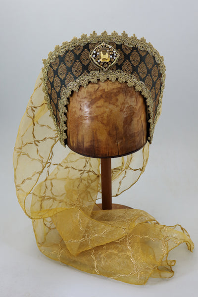 French Hood - Black Gold Brocade / Gold Amber Jewel / Gold Embroidered Veil
