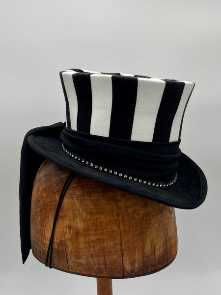 Mini Top Hat - Black & White Stripe / Black Sash / Silver Rhinestone Jewels - Tall Toad