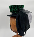 Mini Top Hat - Embossed Green / Black Sash Tule Bow/ Silver and Pearl Jewels