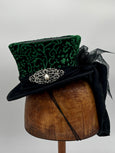 Mini Top Hat - Embossed Green / Black Sash Tule Bow/ Silver and Pearl Jewels