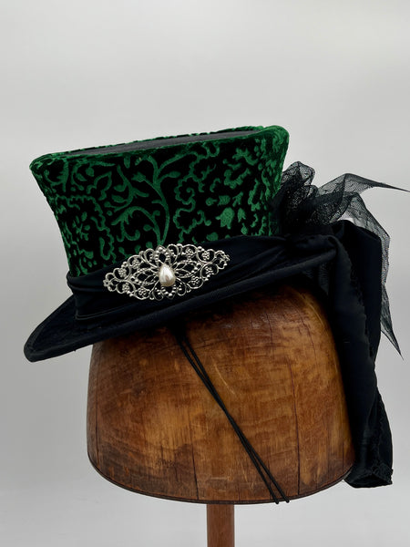 Mini Top Hat - Embossed Green / Black Sash Tule Bow/ Silver and Pearl Jewels