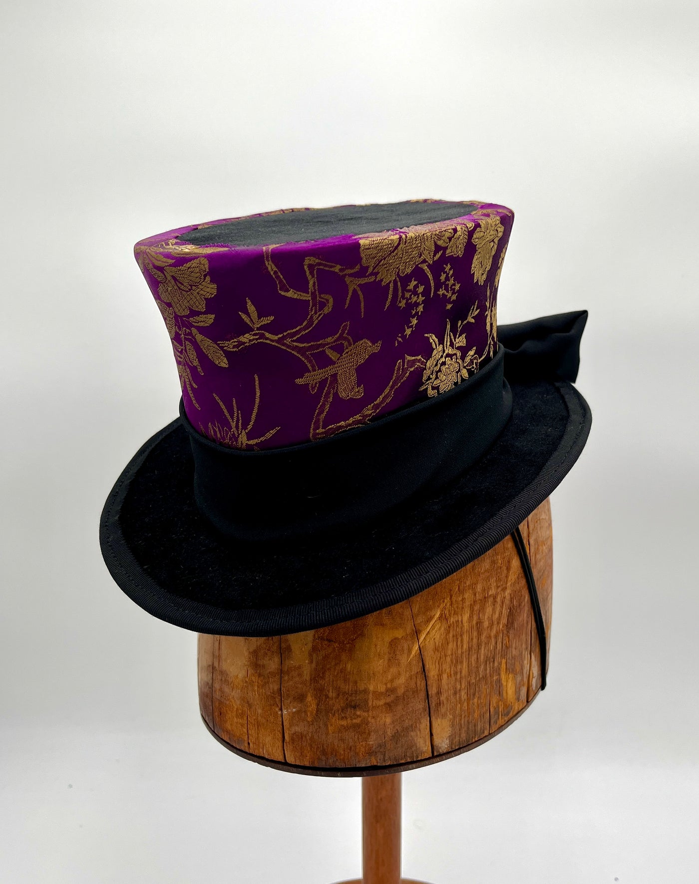 Mini Top Hat - Purple Brocade / Black Sash with Bow/  Pearl Wrapped Bow Ends
