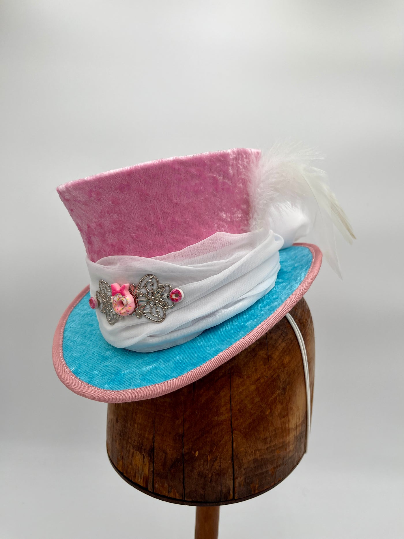 Mini Top Hat - Pink and Blue / White Sash with Bow/  Silver and Doughnut Decoration