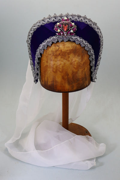 French Hood - Purple Velvet / Silver Trim / Fancy Jewel / White Chiffon Veil