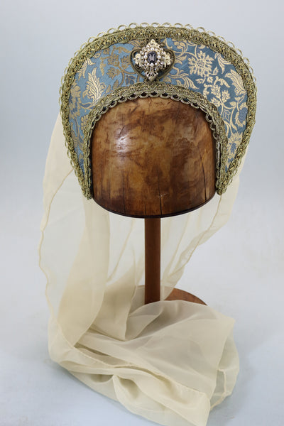 French Hood -  Silver Blue Brocade / Gold Trim / Smokey Jewel / Ivory Chiffon Veil