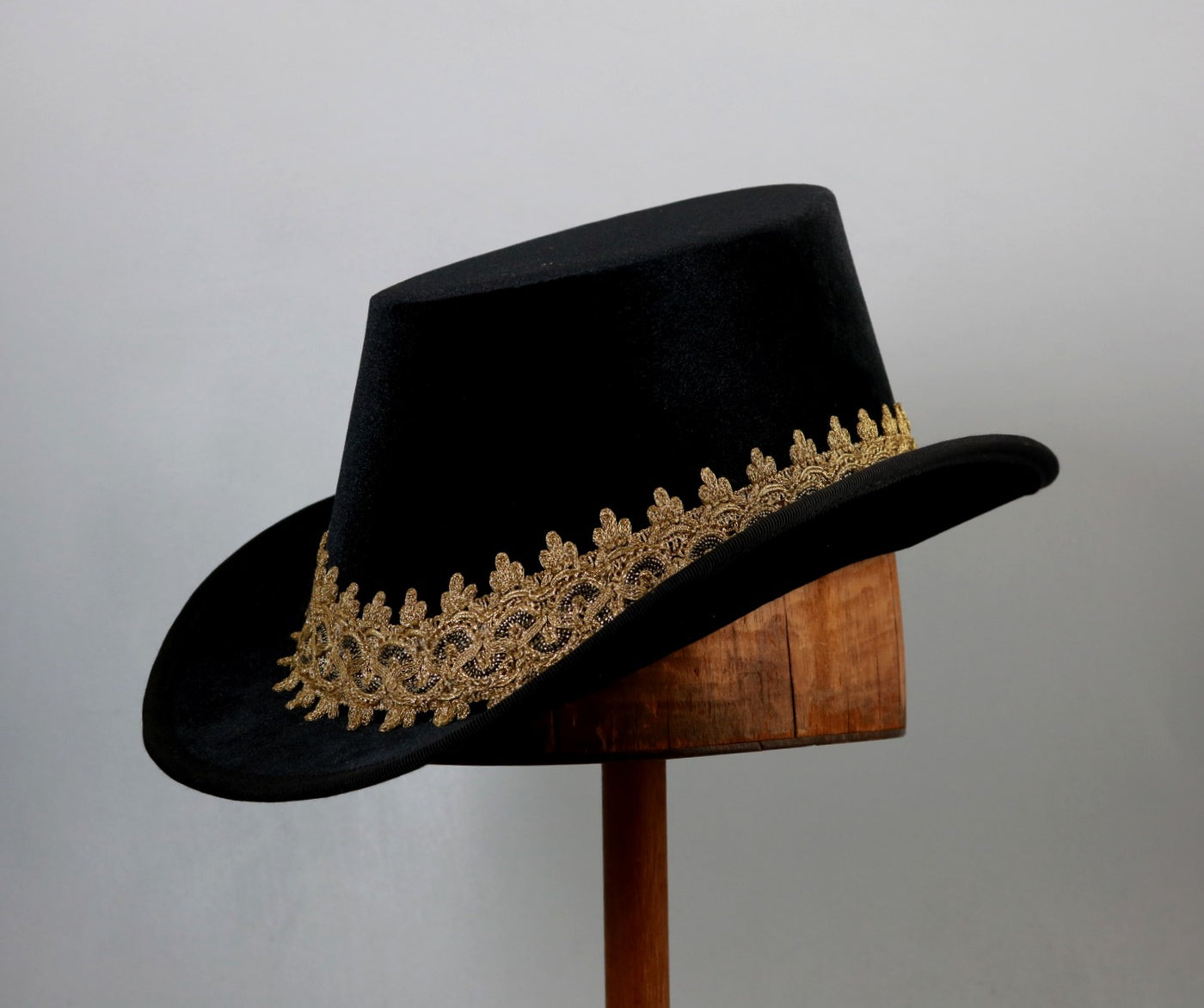 Tall Hat - Black Smooth Velvet / Antique Gold Trim