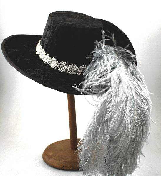 Crushed Velvet Cavalier - Black / Silver Band / Silver Feathers