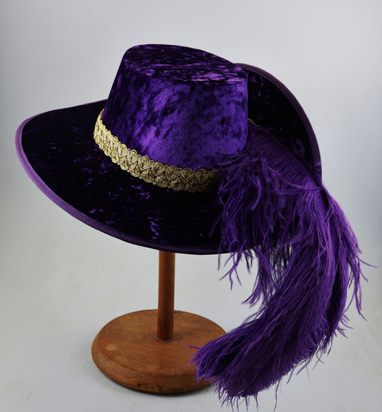 Crushed Velvet Cavalier - Purple Velvet / Gold Band / Purple Feathers