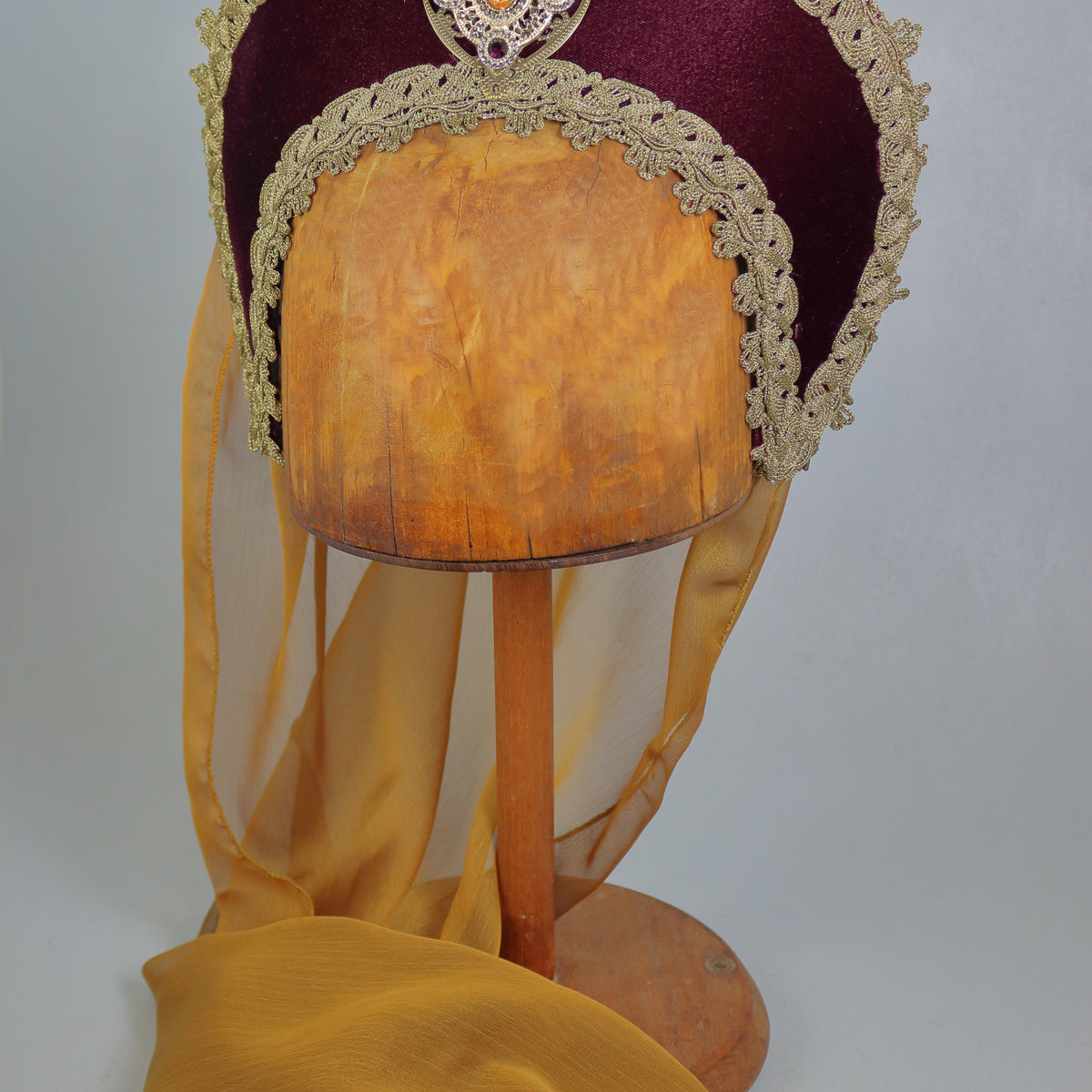 French Hood - Ruby Velvet / Gold Trim / Gold Veil / Ruby and Opal 
