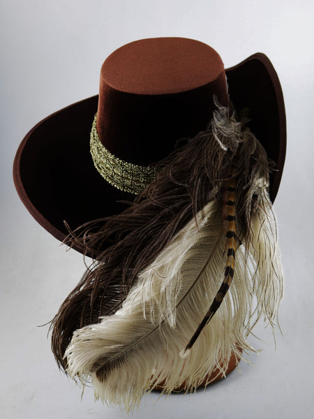 Smooth Velvet Cavalier - Brown / Gold Band / Natural Feathers
