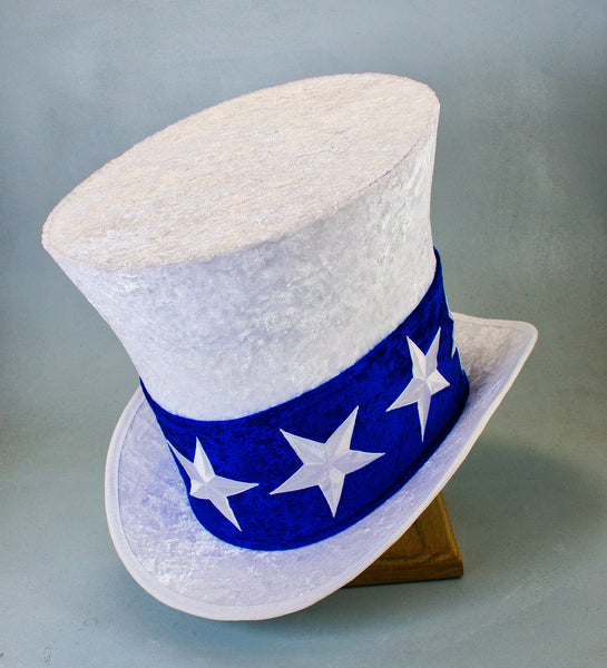 Uncle Sam Top Hat White Velvet Blue Band 3 Stars Tall Toad