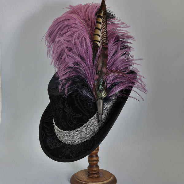 Long Fancy Feather Hat Pin - Amethyst / Black - Tall Toad