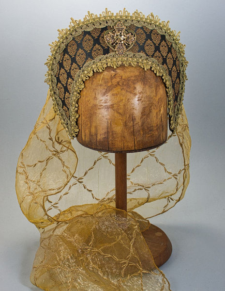 Large French Hood - Black Gold Brocade / Gold Amber Jewel / Gold Embroidered Veil