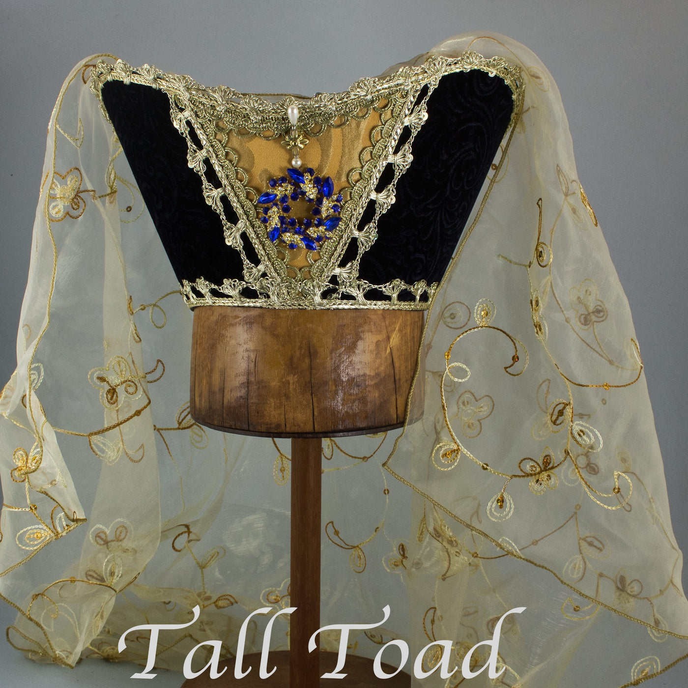Fancy Horned Headdress - Black Velvet / Gold Sequin Veil / Blue Jewel - Tall Toad