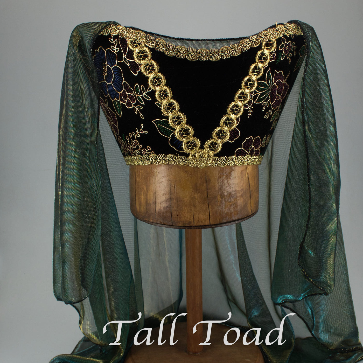 Horned Headdress - Black Multi Colored Velvet/Gold Trim/Teal Metallic Veil - Tall Toad