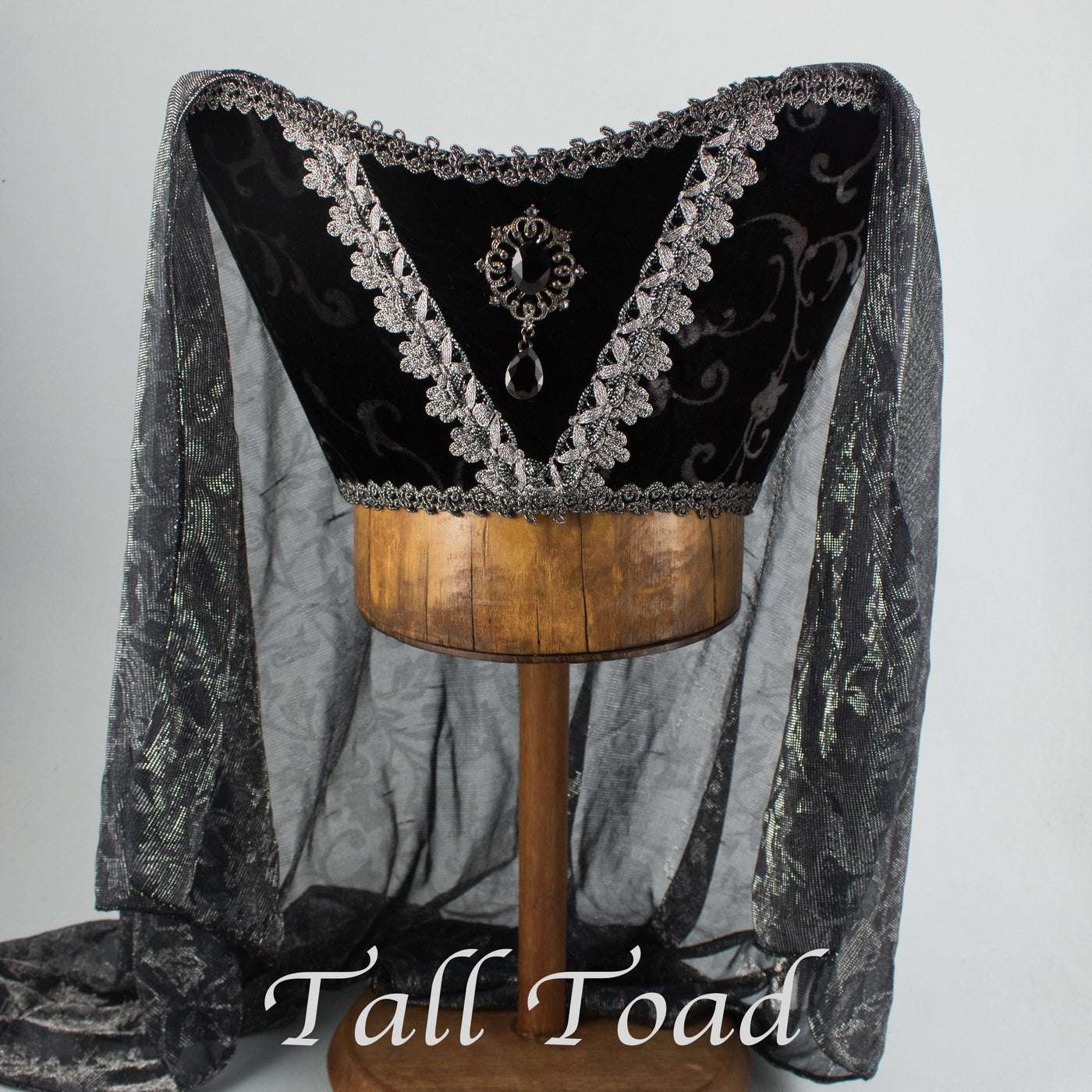 Fancy Horned Headdress - Black Silver Velvet /Silver Metallic Veil / Black Jewel - Tall Toad