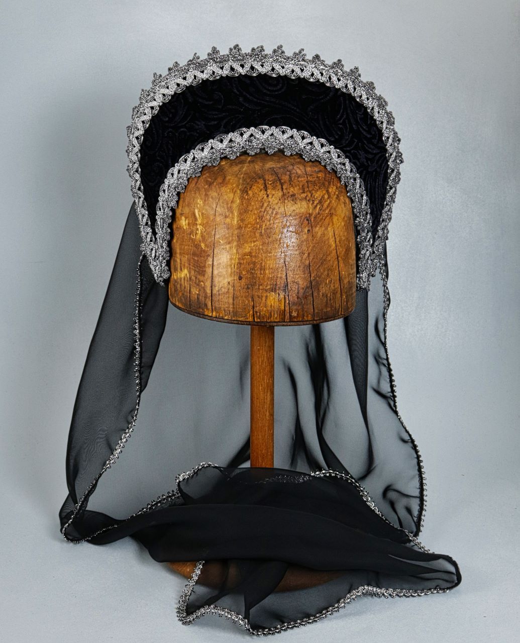 Large French Hood - Black Embossed Velvet / Silver Trim / Black Veil