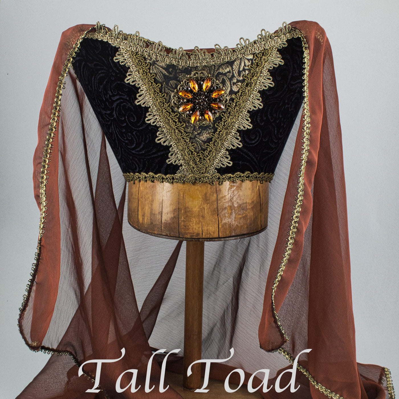 Fancy Horned Headdress - Black Velvet / Amber Jewel / Brown Wine Veil - Tall Toad