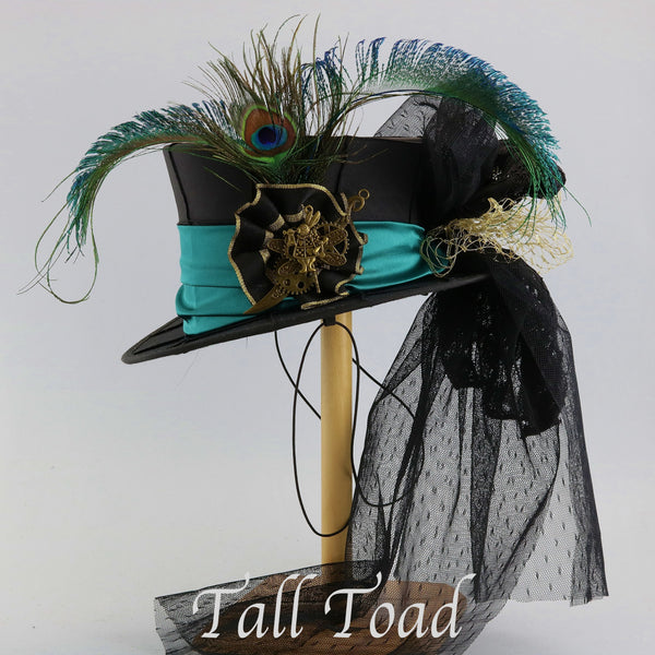 Mini Top Hat - Black Taffeta Teal Band / Peacock Feathers - Tall Toad