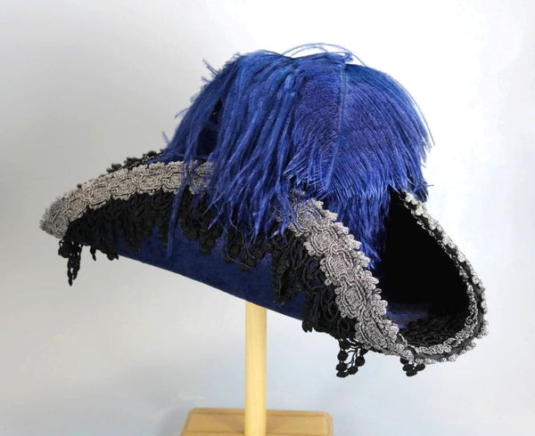 Blue Pirate hat with silver trim and black lace