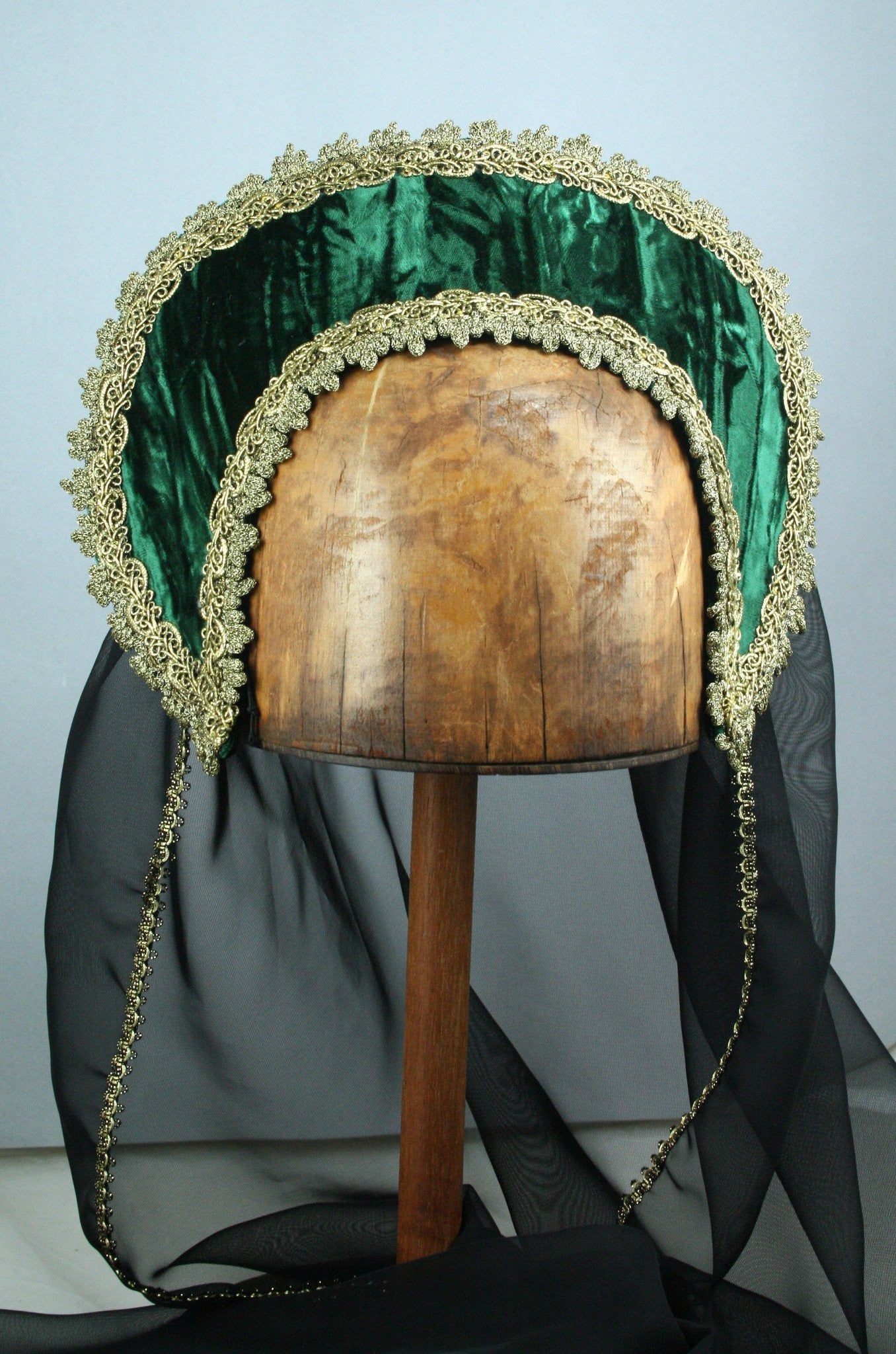 Large French Hood - Green Crushed Velvet / Gold Trim / Black Veil - Tall Toad