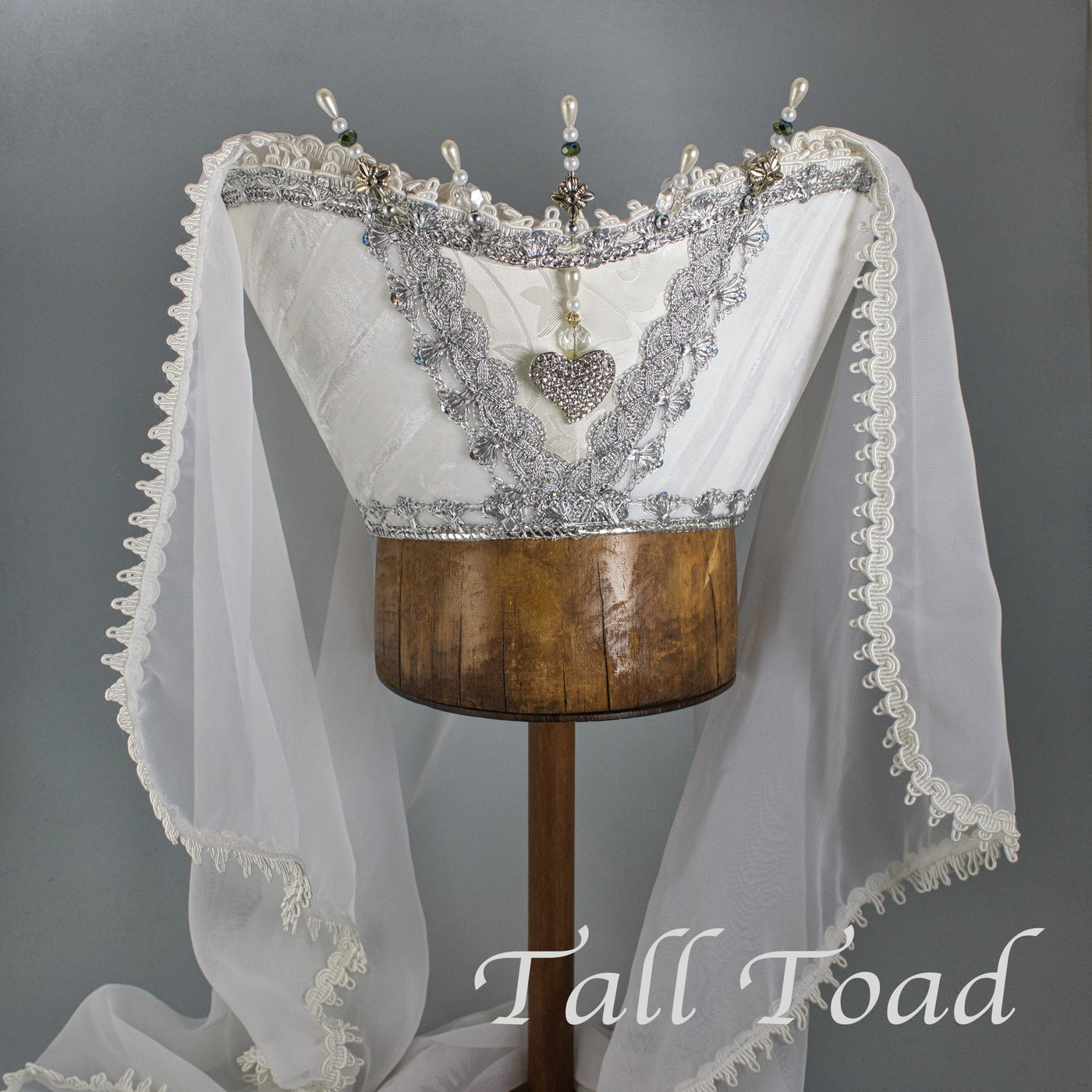 Fancy Horned Headdress - White Velvet / Rhinestone Heart / Pearl Stick Pins - Tall Toad