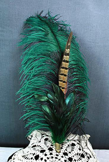 Long Fancy Feather Hat Pin - Green Black - Tall Toad