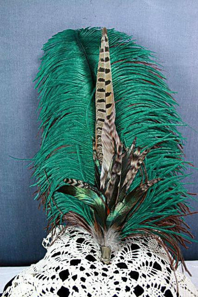 Long Fancy Feather Hat Pin - Green Brown - Tall Toad