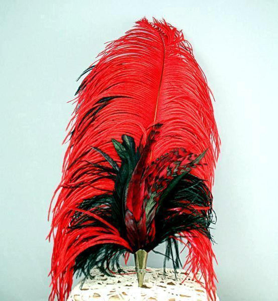Long Fancy Feather Hat Pin - Red Black - Tall Toad