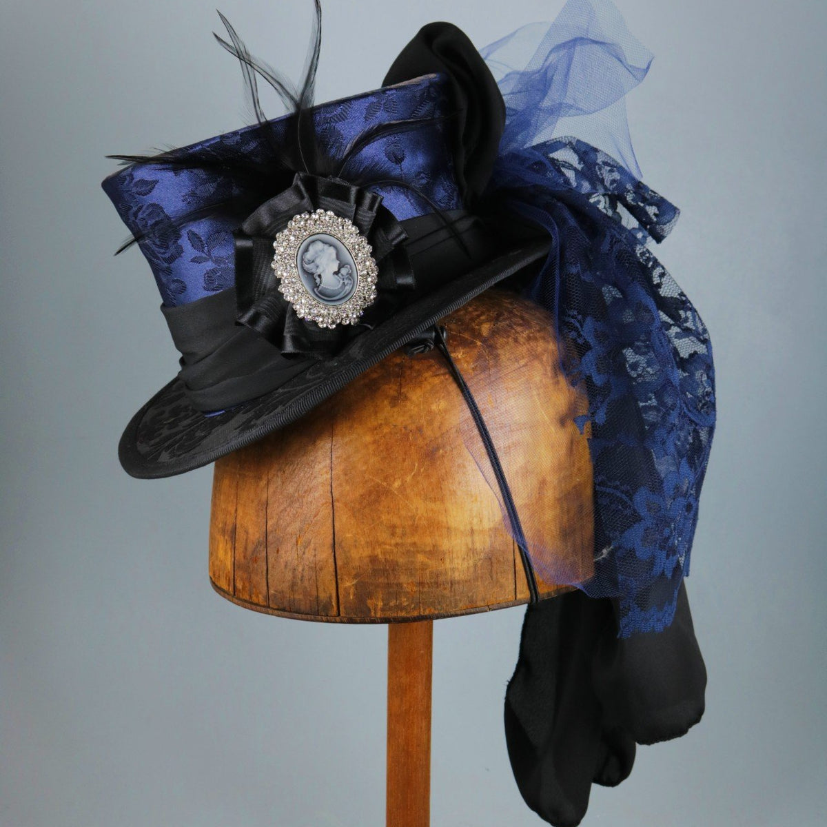 Bubbles and Frown Royal Blue and Black brocade skull mini top hat Voodoo Black Brocade Top Hat - Eventeny main image 4