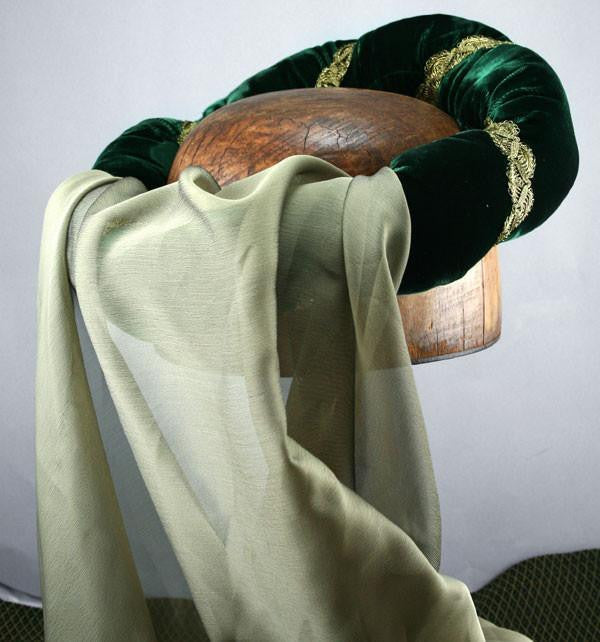 Veiled Roundlet - Green / Gold Trim / Green Veil - Tall Toad