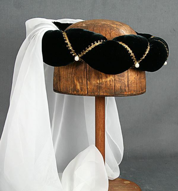 Veiled Roundlet - Black / Gold Trim / White Veil / Pearls - Tall Toad