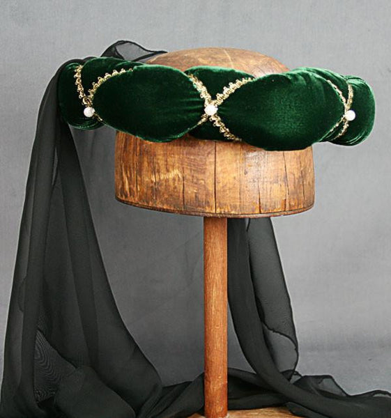 Veiled Roundlet - Green / Gold Trim / Black Veil / Pearls - Tall Toad