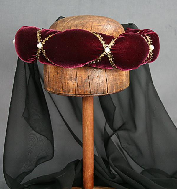 Veiled Roundlet - Ruby Wine / Gold Trim / Black Veil / Pearls - Tall Toad