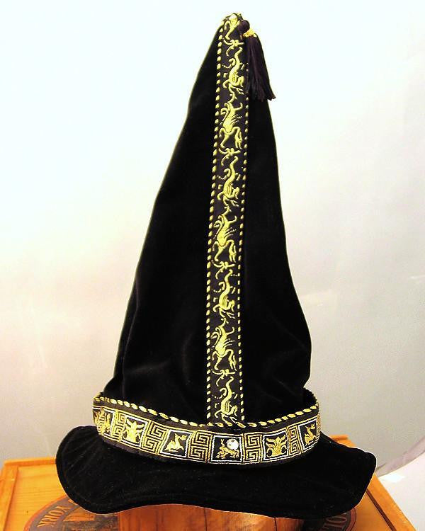 Cotton Velveteen Wizard Hat - Black / Gold Dragon and Griffin - Tall Toad