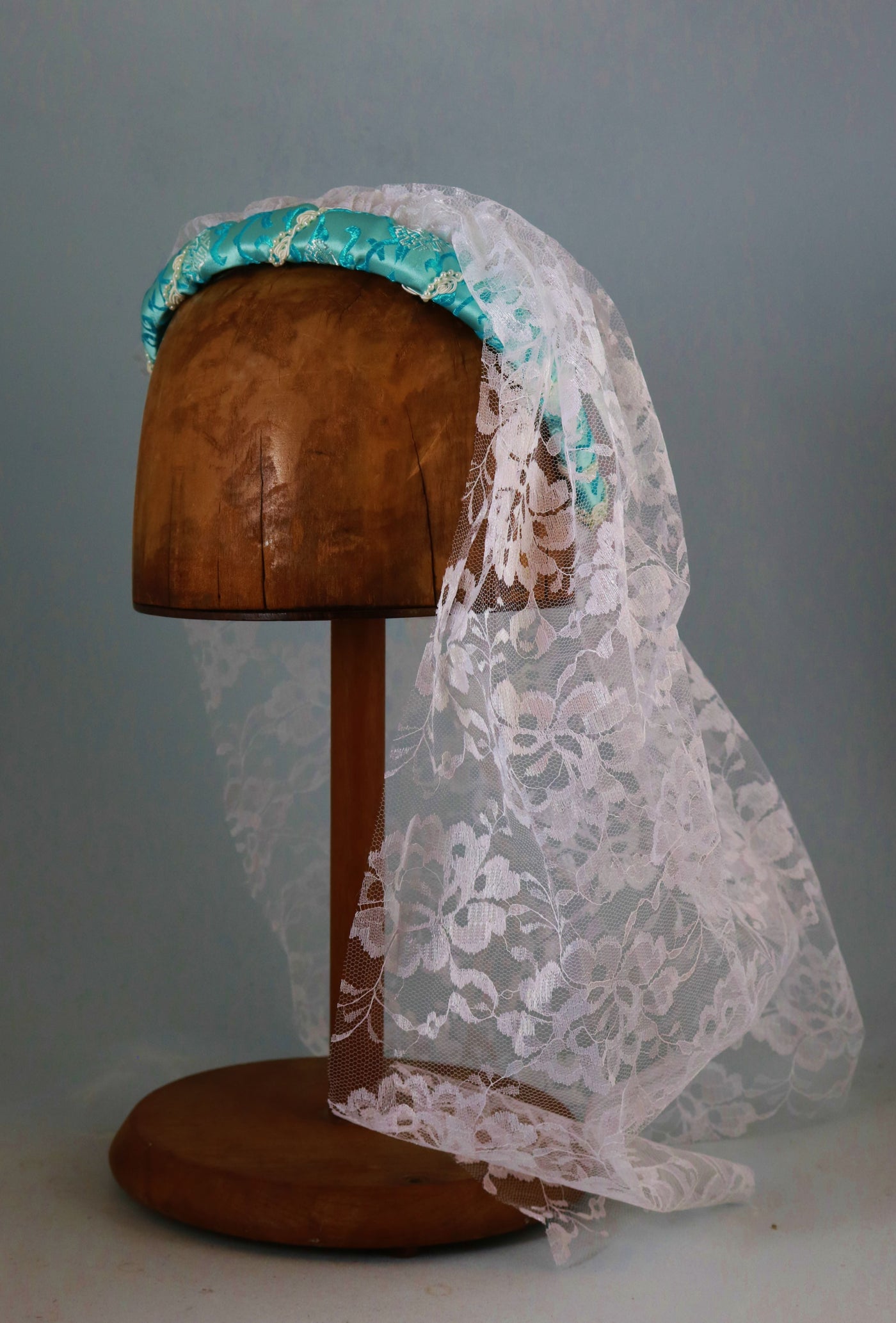 Headband With Veil - Aqua Brocade / Pearl Trim / White Lace