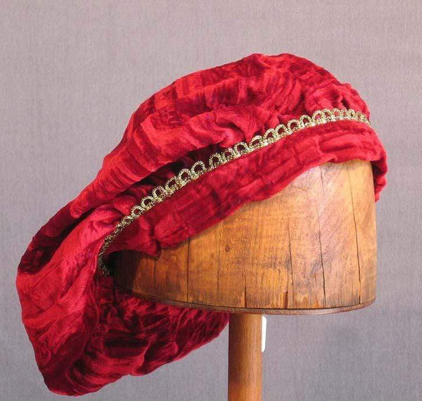 Crushed Velvet Beret - Red Long / Gold Trim - Tall Toad