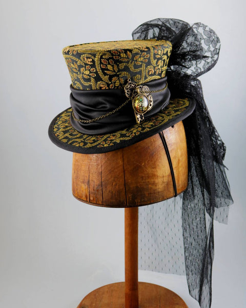 Mini Top Hat - Black Amber Brocade / Satin Band / Steampunk Decoration / Black Lace