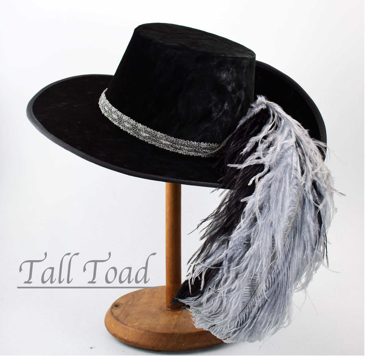 Crushed Velvet Cavalier - Black / Antique Silver / Silver Black Feathers - Tall Toad