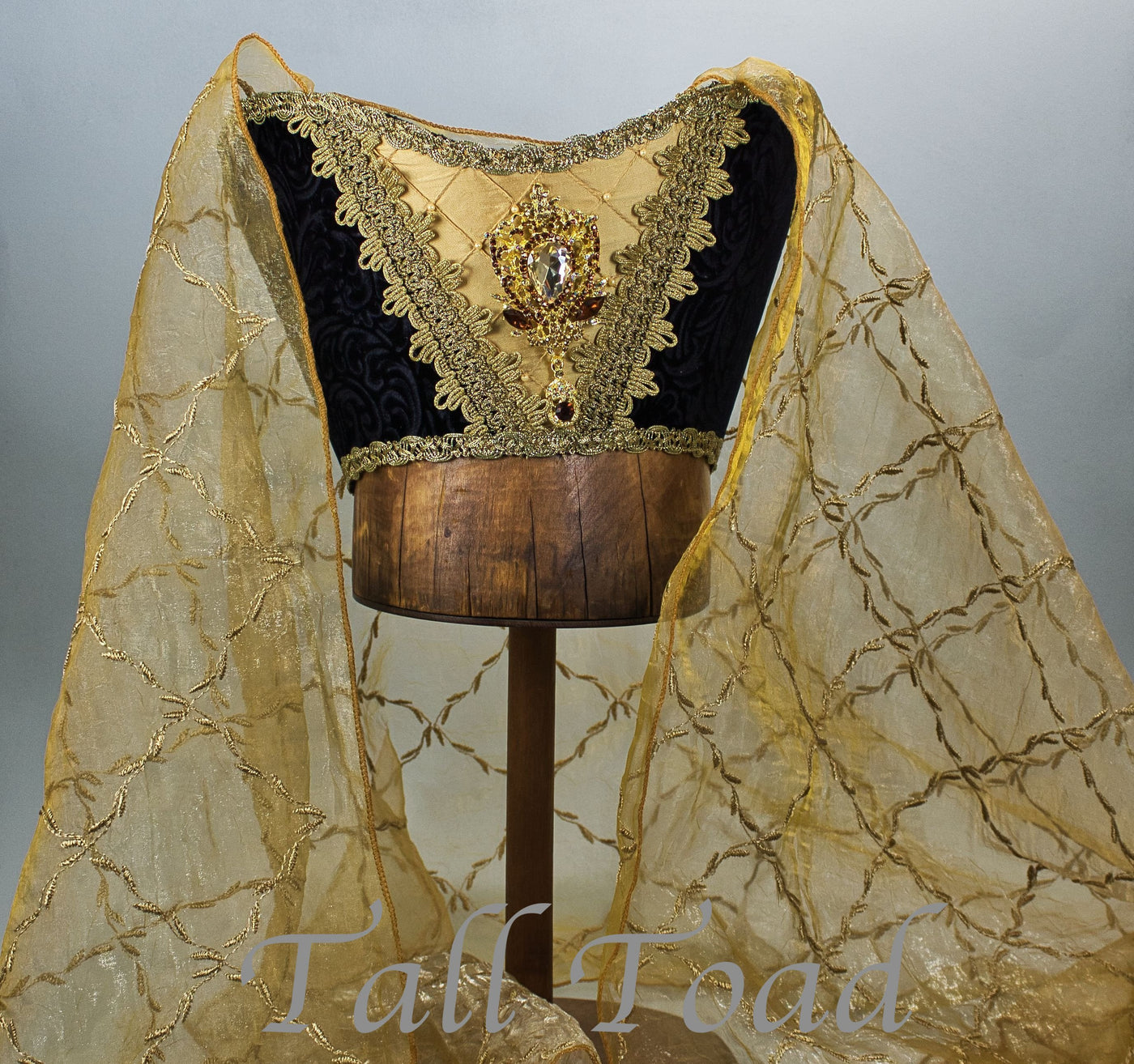 Fancy Horned Headdress - Black Velvet / Gold Embroidered Veil / Amber Jewel - Tall Toad