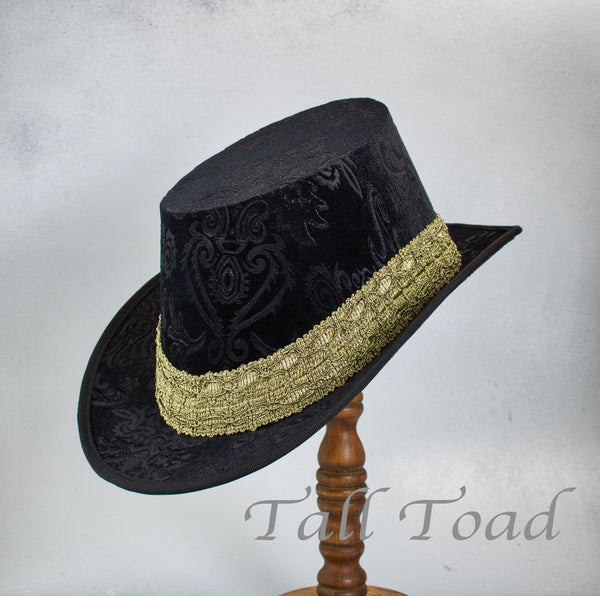 Crushed Velvet Tall Hat - Black Embossed / Gold - Tall Toad