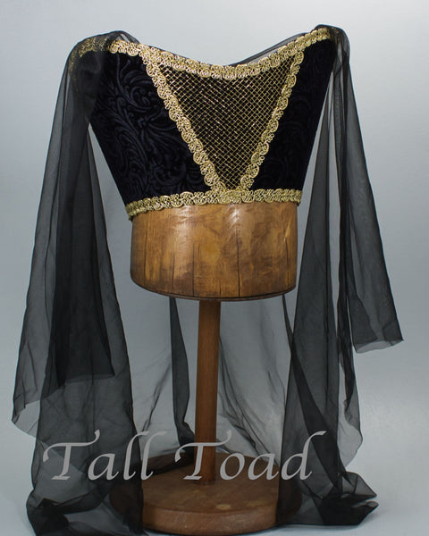 Horned Headdress - Black Velvet / Gold Trim / Black Veil - Tall Toad