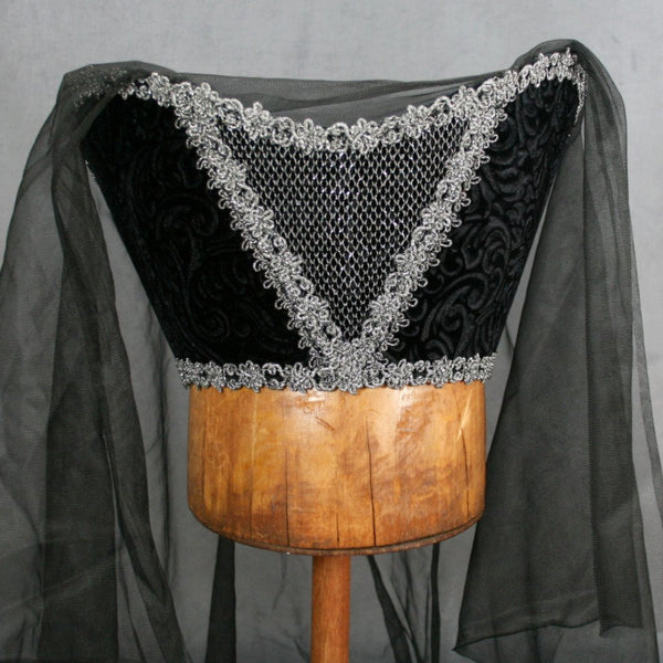 Horned Headdress - Black Velvet / Silver Trim / Black Veil - Tall Toad