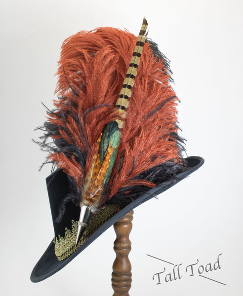 Long Fancy Feather Hat Pin - Cinnamon Black - Tall Toad