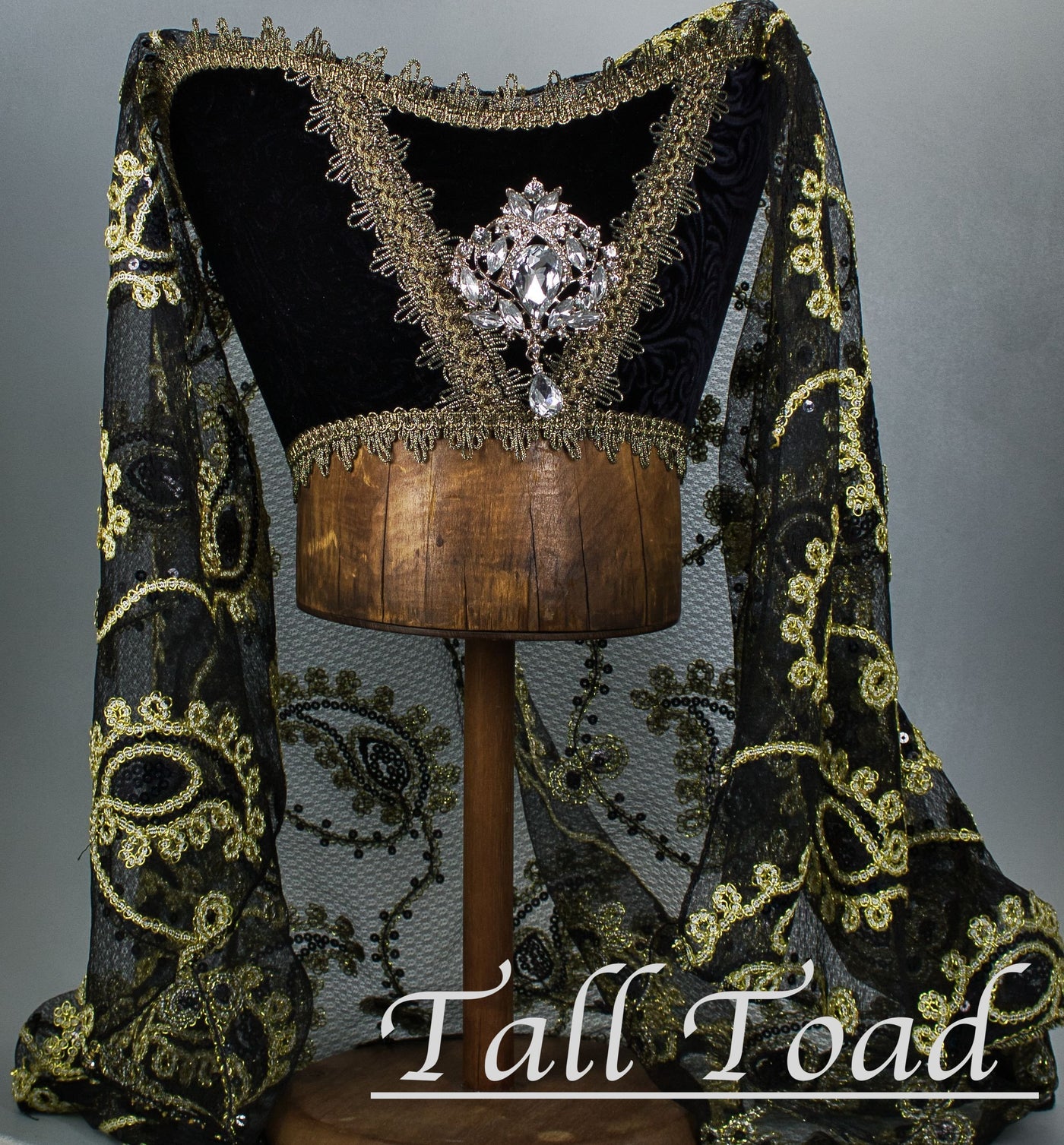 Fancy Horned Headdress - Black Velvet / Black Gold Sequin Veil / Ice Jewel - Tall Toad